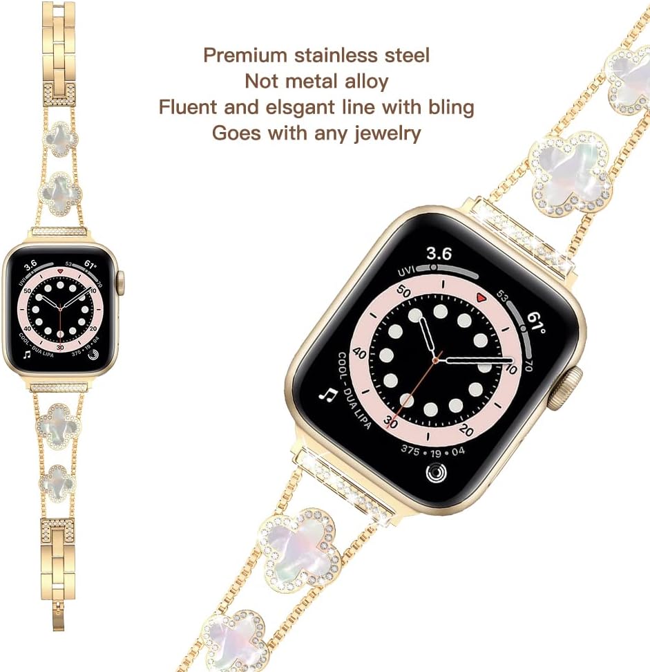 Musk-MSKR Diamond Metal Bands Add Sparkle to Your Watch For Apple Watch Series 11/10/9/8/7/6/5/4/3/2/SE/Ultra Clover Simple and Stylish Compatible with 38mm40mm41mm42mm44mm45mm 46mm49mm Women's Wear