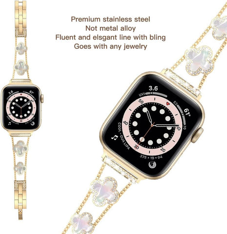 Musk-MSKR Diamond Metal Bands Add Sparkle to Your Watch For Apple Watch Series 11/10/9/8/7/6/5/4/3/2/SE/Ultra Clover Simple and Stylish Compatible with 38mm40mm41mm42mm44mm45mm 46mm49mm Women's Wear