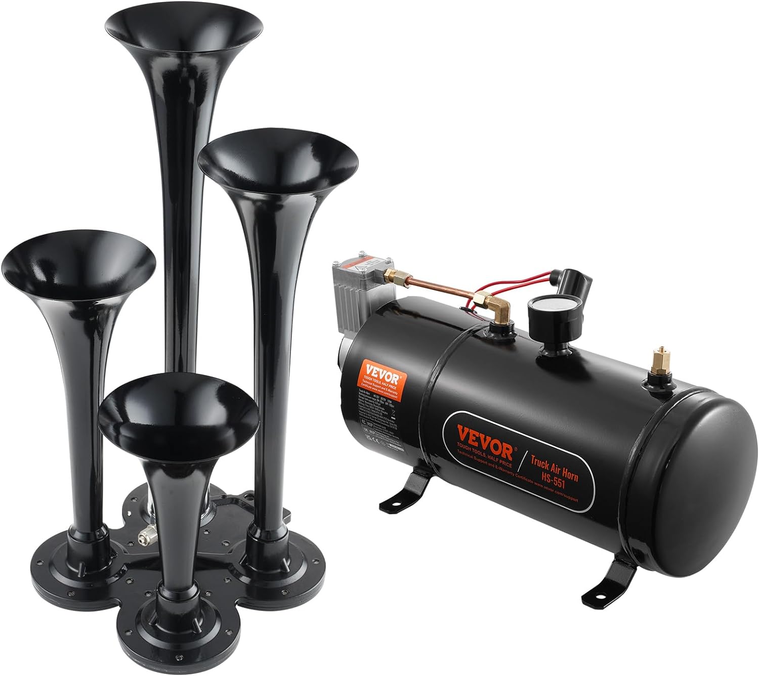 VEVOR 4 Trumpet Air Horn Kit, 150dB Train Horns for Pickup Trucks, Black
