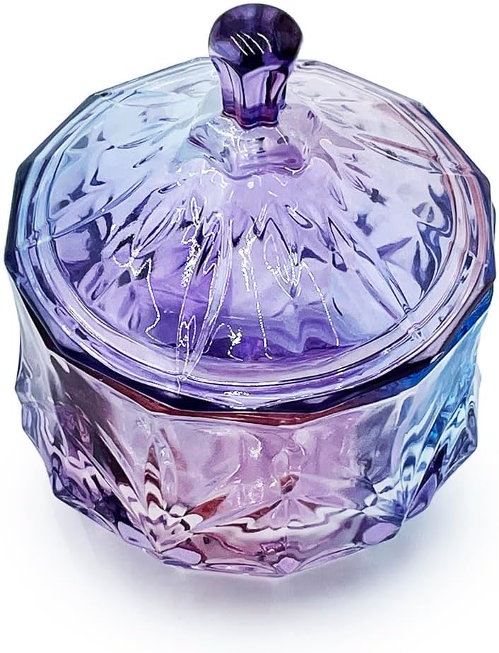 8oz Glass Candy Dish with Non-Airtight Lid,Small Crystal Chrismas Candy Jar,Cotton Round Holder,Office,Bathroom,Dining Room Organizer(Colorful Purple)