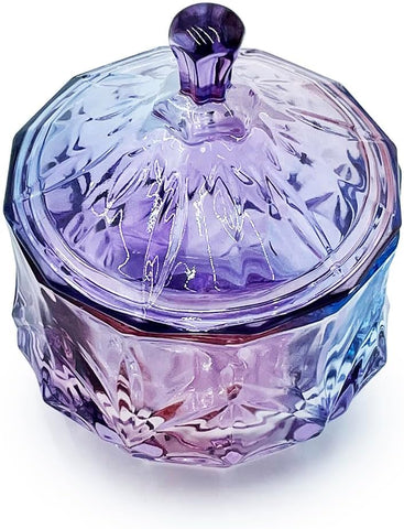 8oz Glass Candy Dish with Non-Airtight Lid,Small Crystal Chrismas Candy Jar,Cotton Round Holder,Office,Bathroom,Dining Room Organizer(Colorful Purple)