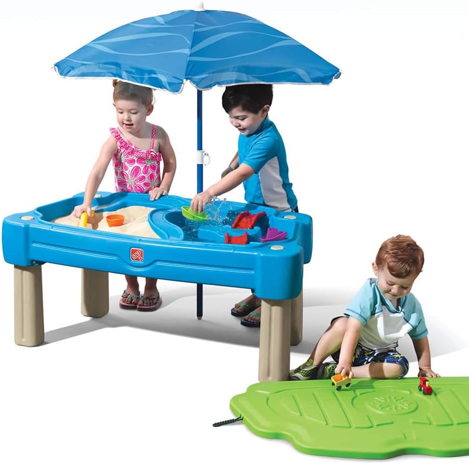 Step2 Cascading Cove Sand and Water Table, Kids Activity Sensory Playset, Comes with Umbrella, Summer Outdoor Toys, 7 Piece Toy Accessories, For Toddlers 1.5+ Years Old