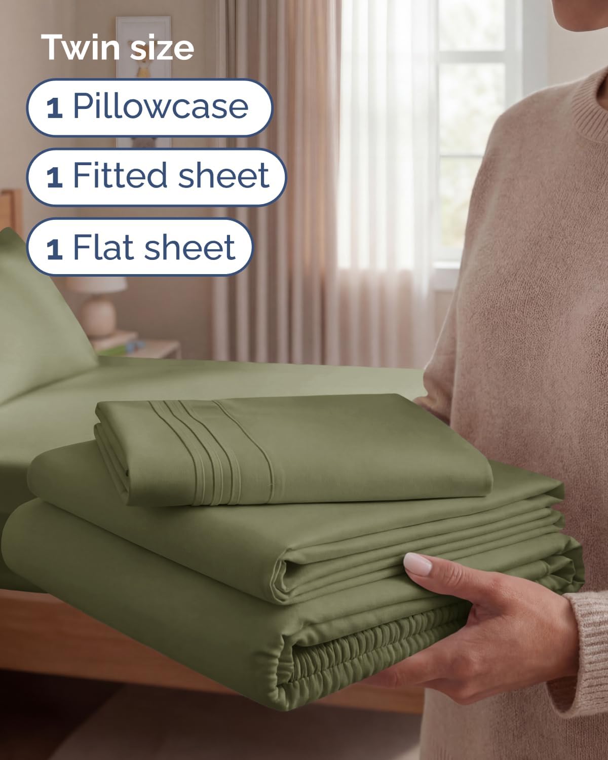 Twin Size 3 Piece Sheet Set - Breathable & Cooling Sheets - Sage Green