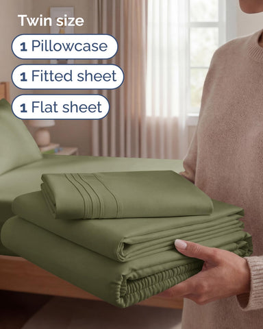Twin Size 3 Piece Sheet Set - Breathable & Cooling Sheets - Sage Green