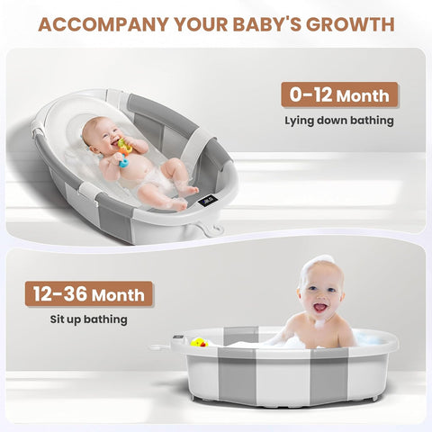 Collapsible Baby Bathtub with Soft Cushion and Thermometer, Newborn to Toddler Tub 0-36 Months with Toy Storage Mesh Bag, Portable Travel Bath for Infants (Grey)
