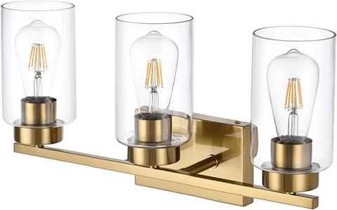 3-Light Bathroom Vanity Light, Modern Brushed Gold Wall Lights with Clear Glass Shades, Bathroom Wall Sconce Lamp for Mirror Living Room Bedroom Hallway