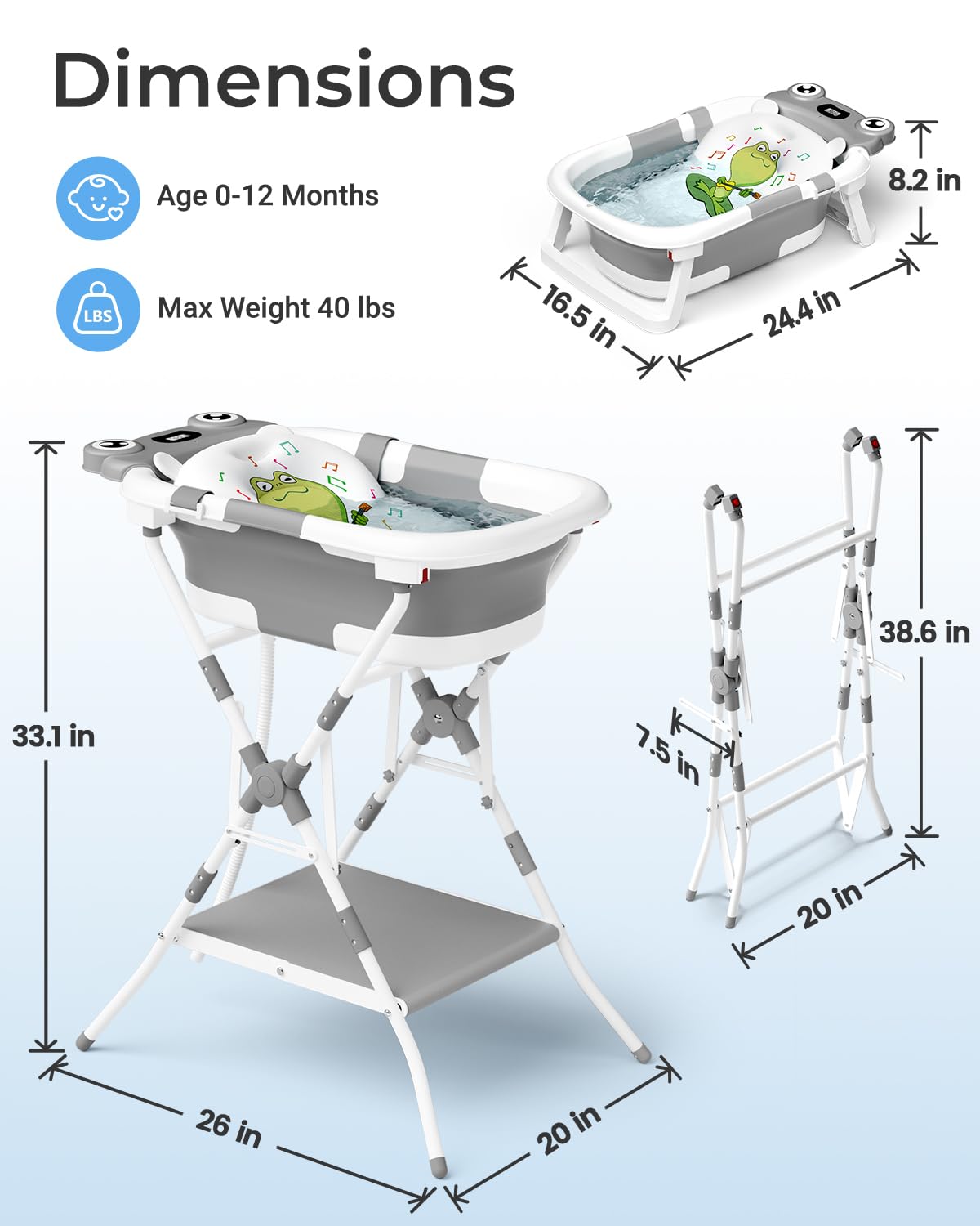 BUNWAG Foldable Baby Bathtub with Stand, 2-in-1 Portable Infant Bath Tub for Newborns and Toddlers, Ergonomic Height for Back Protection& Compact Storage Design