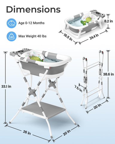 BUNWAG Foldable Baby Bathtub with Stand, 2-in-1 Portable Infant Bath Tub for Newborns and Toddlers, Ergonomic Height for Back Protection& Compact Storage Design