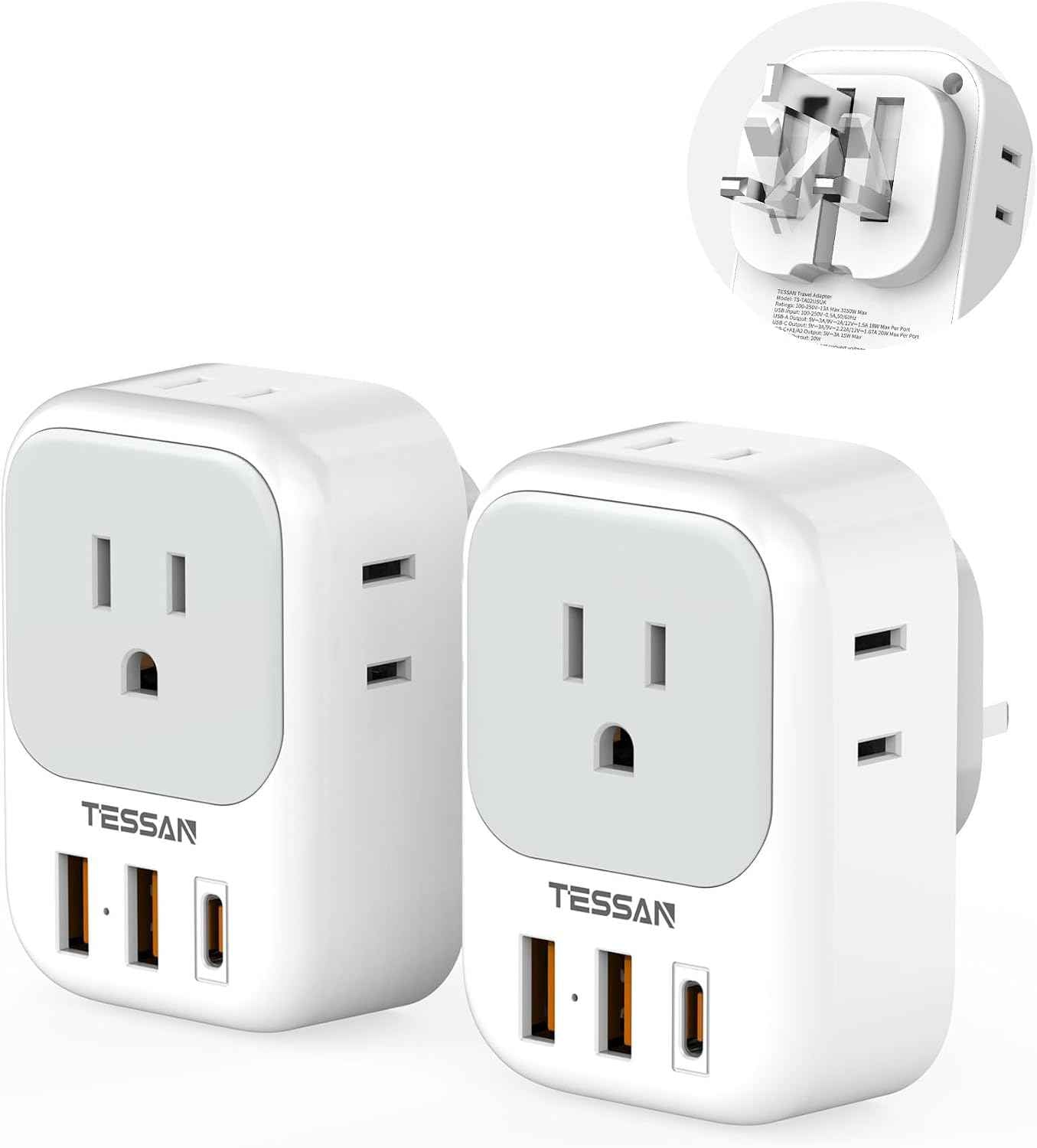TESSAN UK Adapters for Travel, US to UK Ireland Plug Adapter 20W, Foldable
