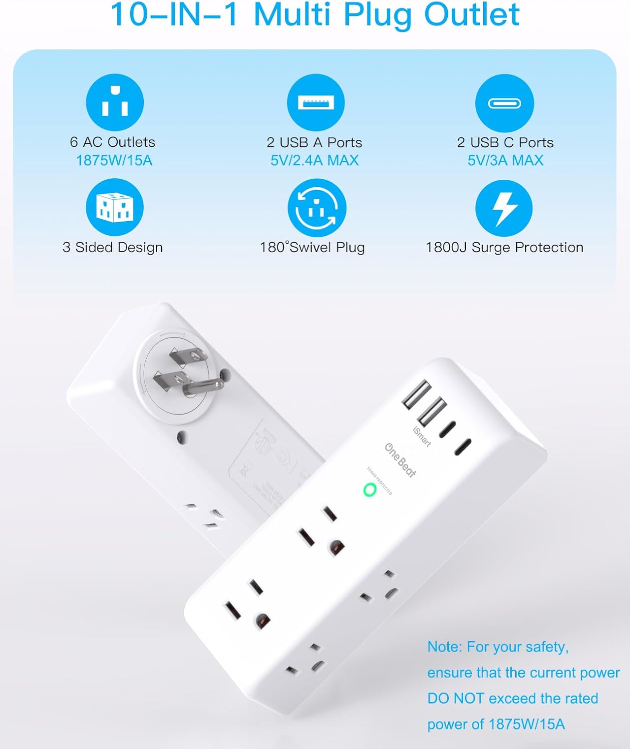 Surge Protector Outlet Extender with Rotating Plug, Multi Plug Wall Outlet