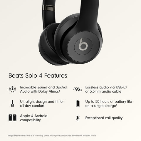 Beats Solo 4 - Wireless On-Ear Bluetooth Headphones, Up to 50-Hour Battery Life, Ultra-Lightweight Comfort, Powerful and Balanced Sound, Apple & Android Compatible - Matte Black