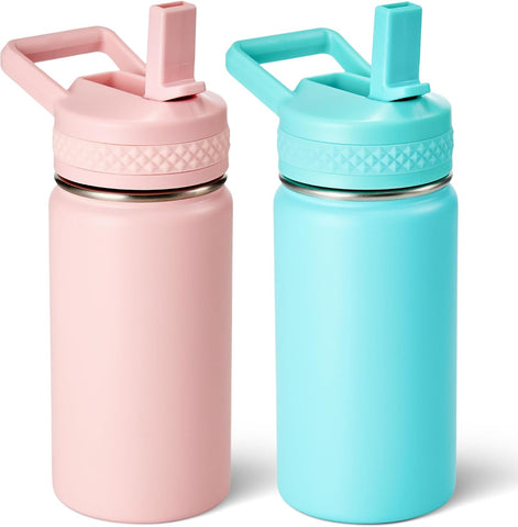 Fijinhom 12 oz Toddler Bottle, Kids Water Bottle for School Boys&Girls with Straws Lids, 304 Stainless Steel Vacuum Insulated Thermos, BPA-Free, Pink + Mint Green