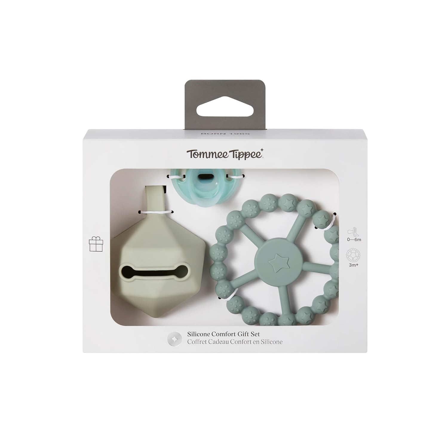 Tommee Tippee Silicone Comfort Gift Set, Ultra-Light Pacifier 0-6m, Carry Case Hold 2 Pacifiers, Teething Ring 3m+