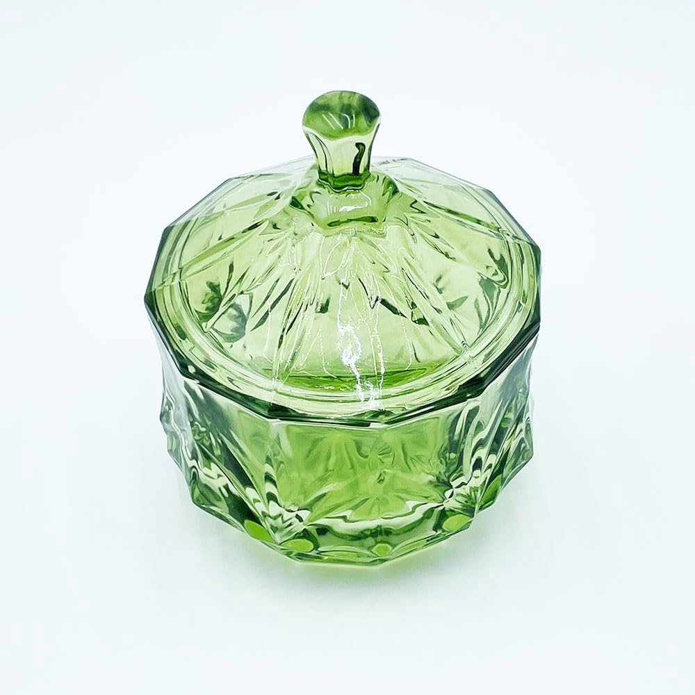 8oz Glass Candy Dish with Lid,Small Crystal Chrismas Candy Jar,Cotton Round Holder,Office,Bathroom,Dining Room Organizer(Olive Green)