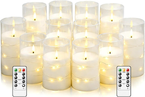 kakoya Flameless LED Candles with Timer 12 Pc Flickering Flameless Candles for Romantic Ambiance and Home Decoration Stable Acrylic Shell,with Embedded Star String，Battery Operated Candles(White)