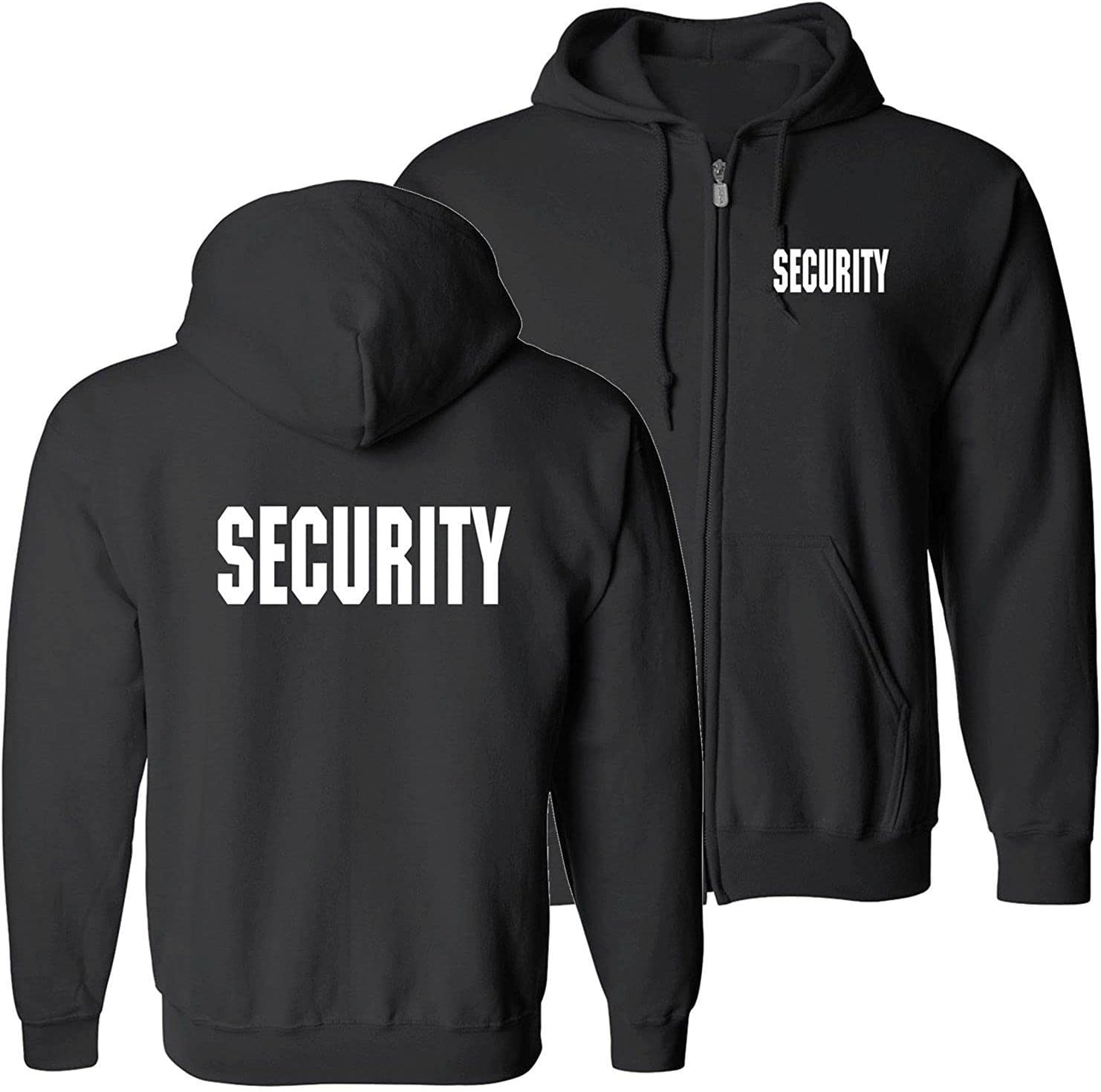 RYNO GEAR Men's Security Guard Silkscreen Front & Back Black Full Zip Hoodie, Fleece Hoodie.