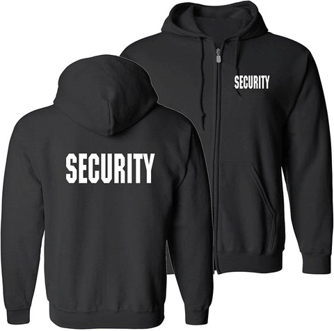 RYNO GEAR Men's Security Guard Silkscreen Front & Back Black Full Zip Hoodie, Fleece Hoodie.