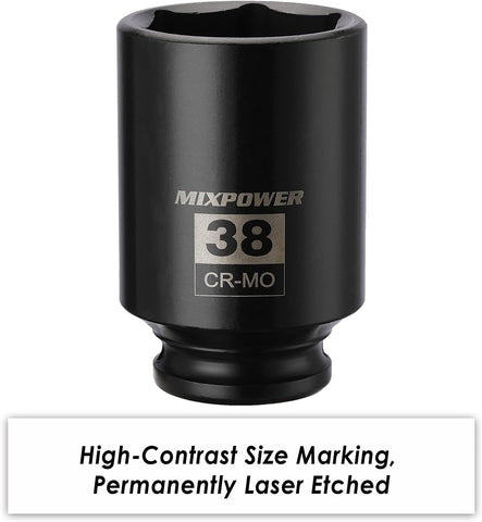 MIXPOWER 1/2" Drive Deep Impact Socket, CR-MO, 38mm, 6 Point, Axle Nut Impact Grade Socket for Easy Removal