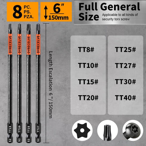 DYRECELVE 6-Inch Long Security Torx Bit Set, 8-Pack Impact T8-T40 Star Bits