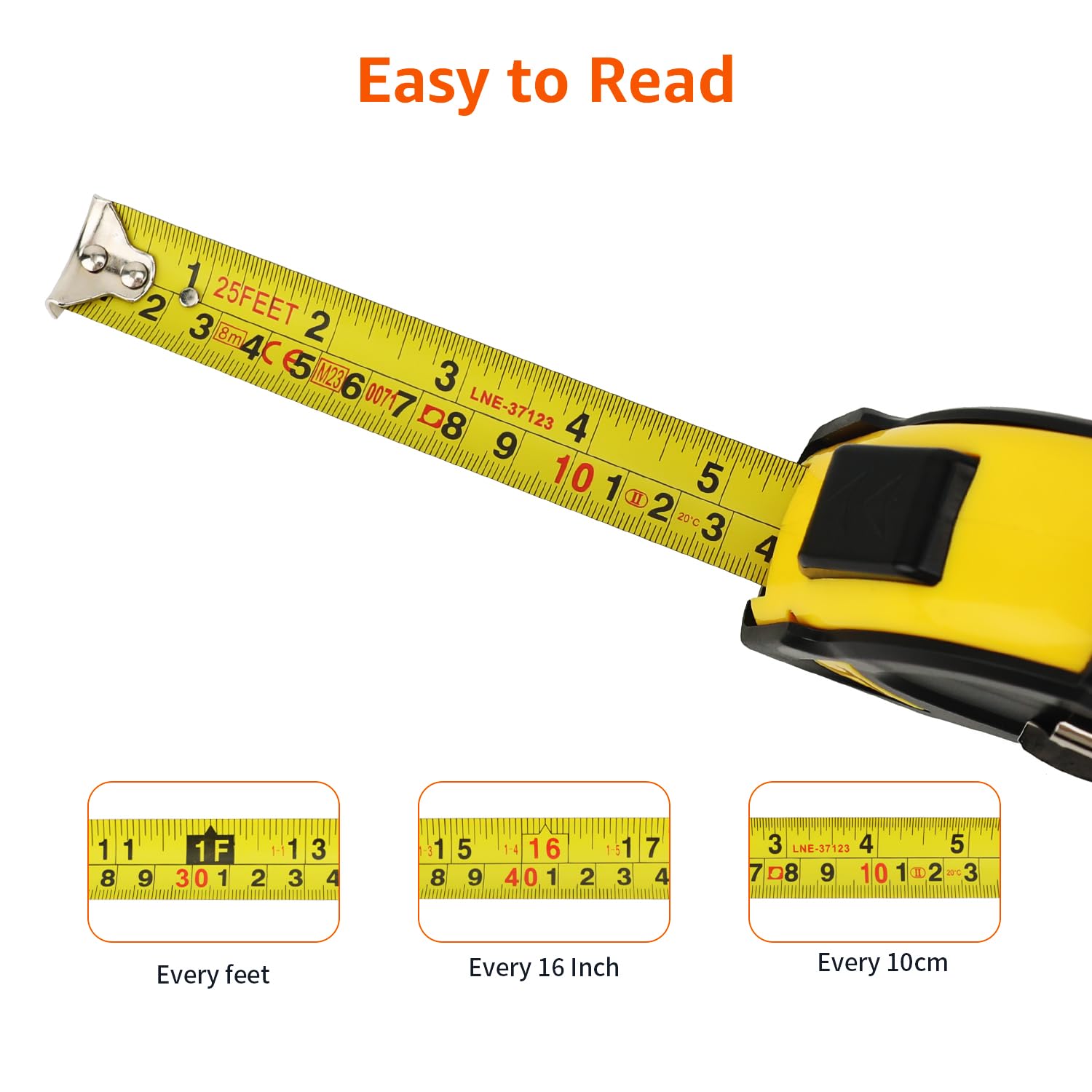 Amazon Basics Self-Locking Tape Measure, 25ft (8-meters), Accurate Dual Scale inch/metric, MID Accuracy, Extendable, 2-Pack, Yellow