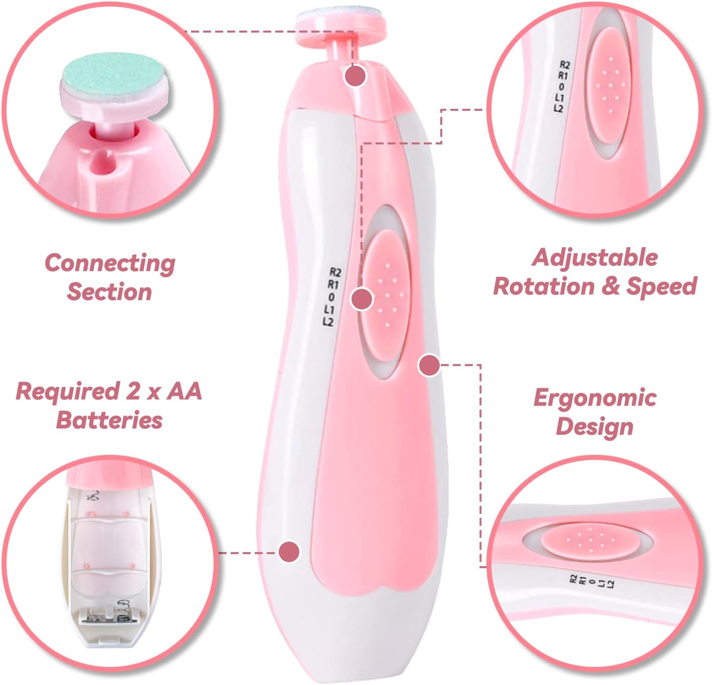 Qunlions life Baby Nail Trimmer Electric-6 in 1 Baby Nail File Clippers Infant Grooming Kit Manicure Set for Toddler or Adults, Pink