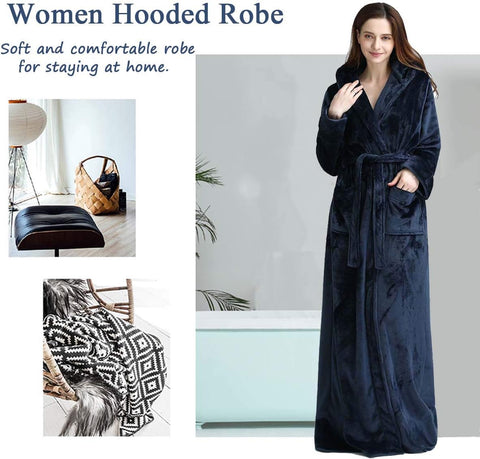 Hellomamma Long Hooded Robe for Women Luxurious Flannel Fleece Full Length Bathrobe Winter Warm Pajamas Shower Nightgown