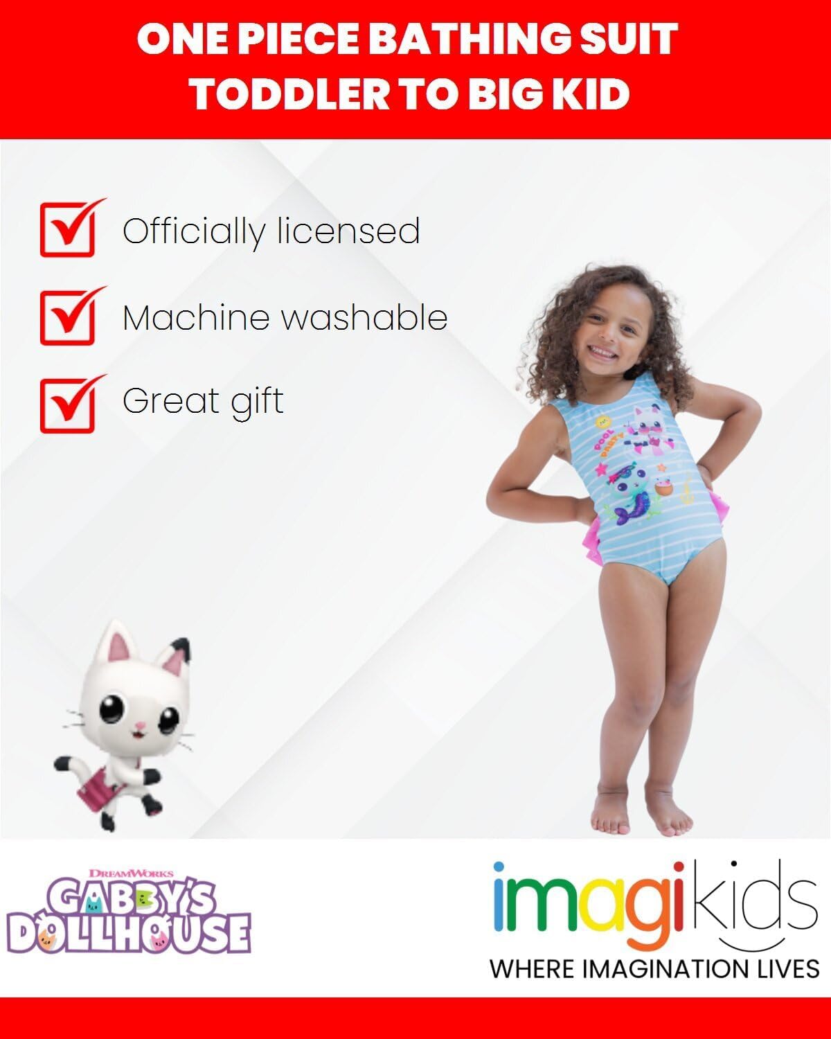 DREAMWORKS GABBY'S DOLLHOUSE Pandy Paws Mercat Girls One Piece Bathing Suit Toddler to Little Kid