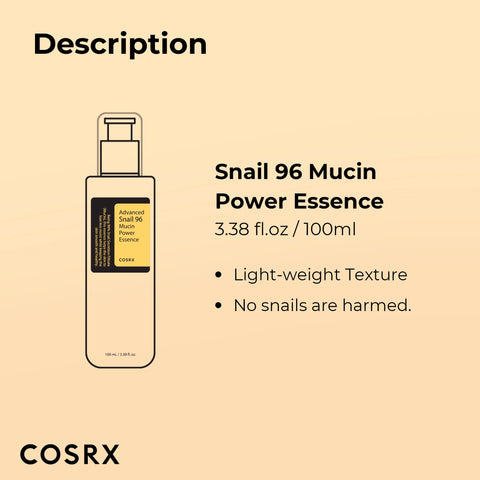 COSRX Snail Mucin 96% Power Repairing Essence 3.38 fl.oz 100ml, Hydrating Serum for Face with Snail Secretion Filtrate for Dull Skin & Fine Lines, Korean Skin Care