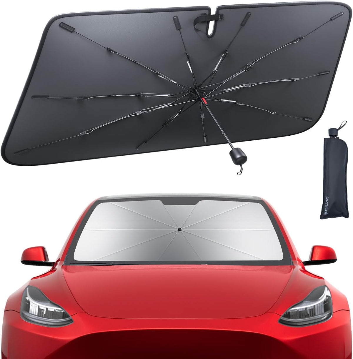 Tesla Model 3/Y Foldable Windshield Sunshade Umbrella UV Block 10-Rib Frame