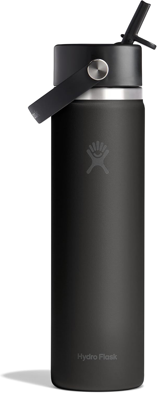 Hydro Flask Water Bottle - Insulated Stainless Steel - Wide Straw Lid, Non Spill, Leakproof in 24 Oz Tonal Black