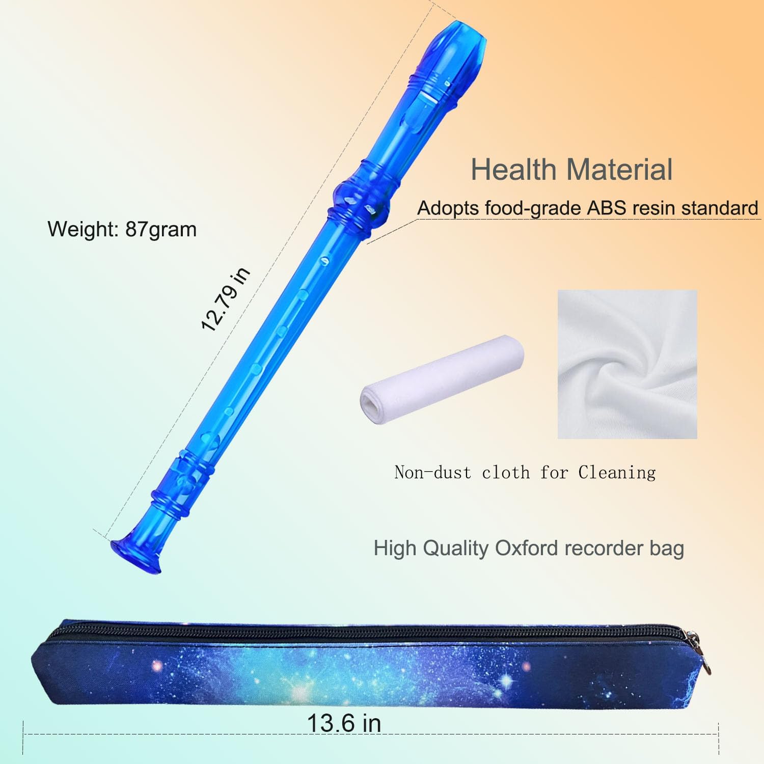 8 Hole Soprano Recorder with Cleaning Rod and Bag, Professional German Style C Key Recorder for Kids Beginners Students (Crystal Blue)