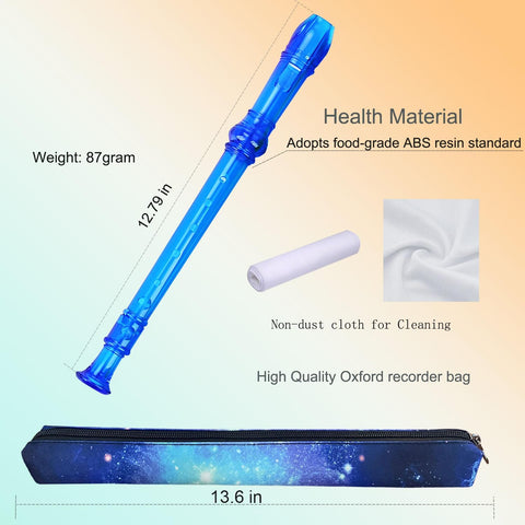 8 Hole Soprano Recorder with Cleaning Rod and Bag, Professional German Style C Key Recorder for Kids Beginners Students (Crystal Blue)