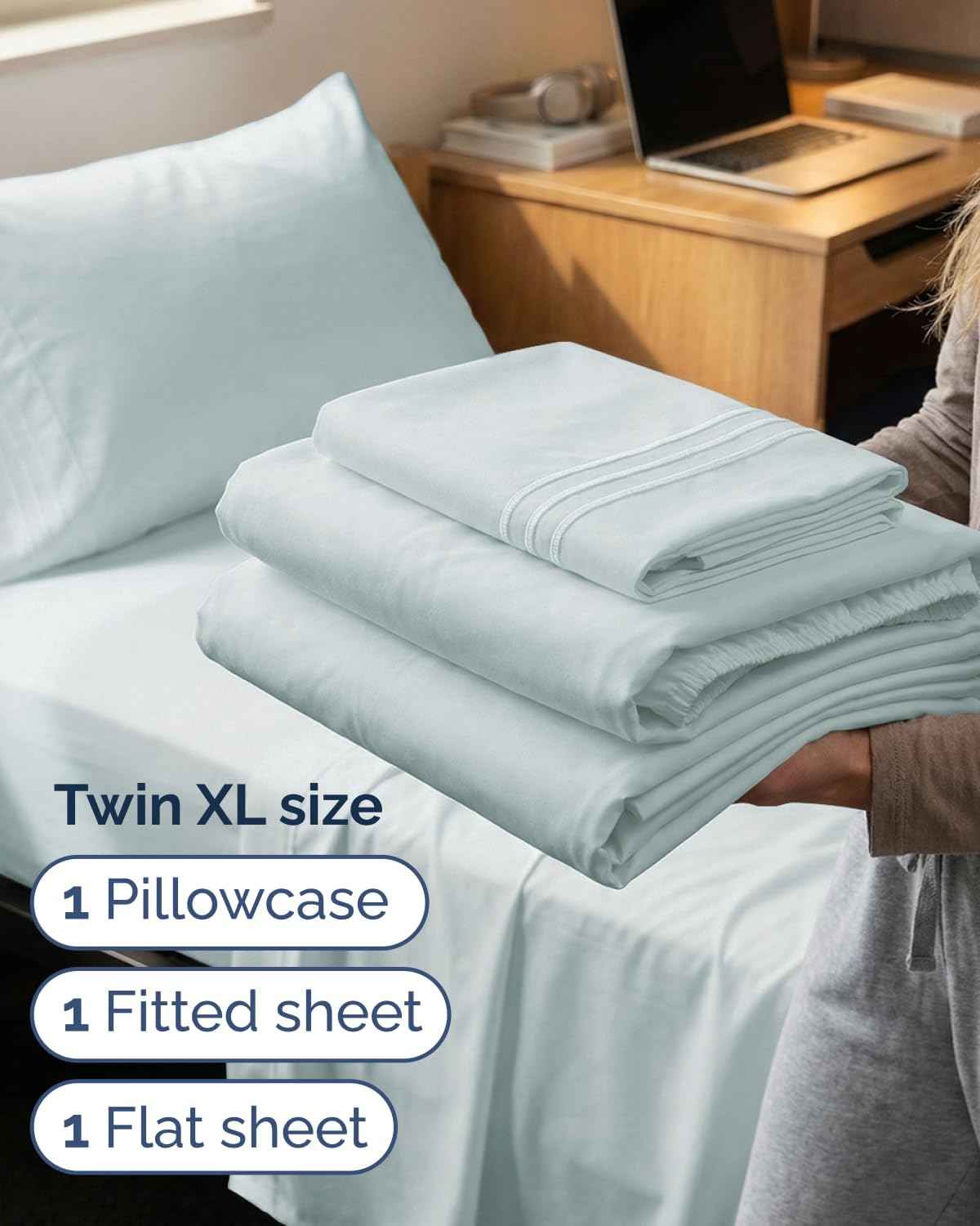 Twin XL 3 Piece Sheet Set - College Dorm Room Essentials - Ice Blue