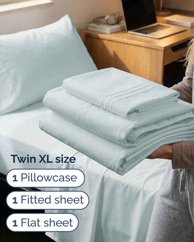 Twin XL 3 Piece Sheet Set - College Dorm Room Essentials - Ice Blue