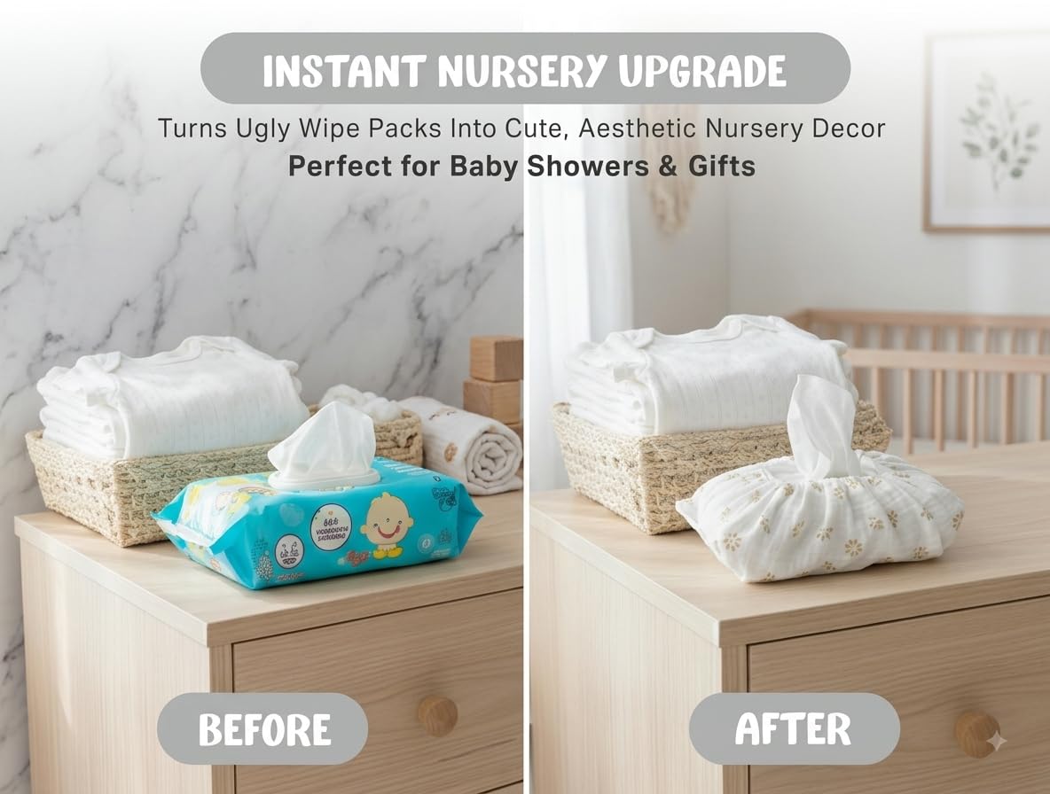 Baby Wipes Cover – Universal Size, One Size Fits All Wipes Packages | Muslin Cotton Tissue Cover for Nursery, Diaper Bag & Changing Table, Station | Gingham & Neutral Patterns (3-Daisy)