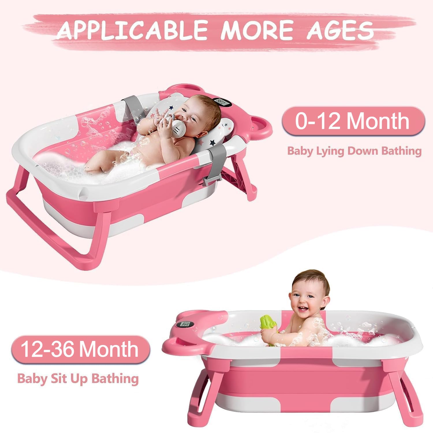 TPN Collapsible Baby Bathtub, Baby Bath Tub with Soft Cushion & Real-Time Thermometer, Baby Bathtub Infant to Toddler Tub (0-36 Months), Portable Newborn Travel Bath Tub