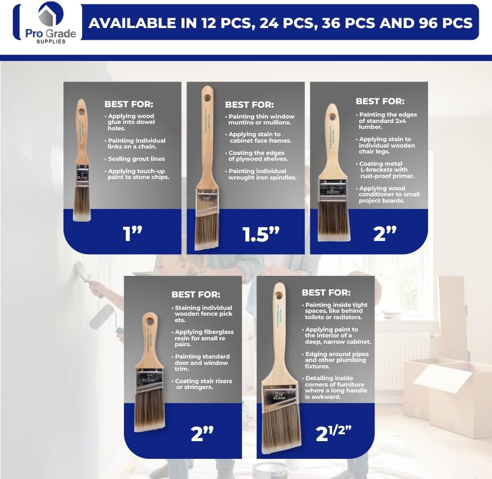 Pro Grade Paint Brushes, Paint Brush Set for Walls, Trim & Stain, 5-Piece