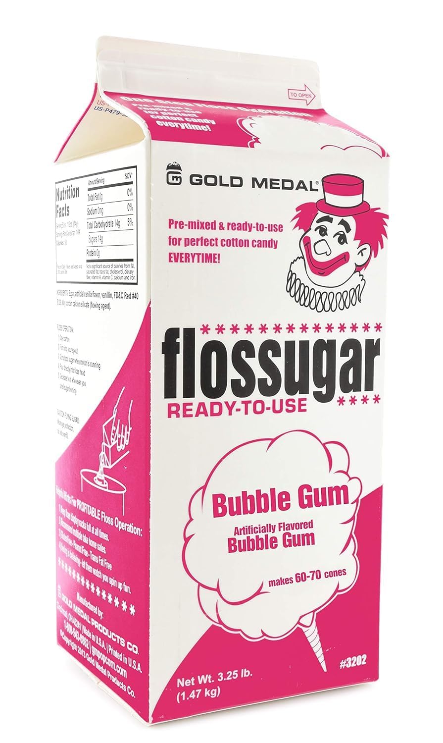 Floss sugar Flavor Cotton Candy 3.25 lb - 1 Carton 52 oz - 1/2 Gallon (Bubble Gum)