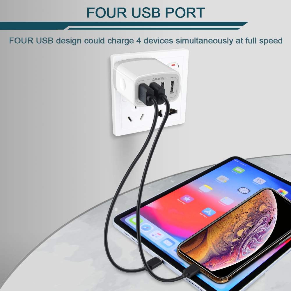 USB Charger Cube, Wall Charger Plug, AILKIN 4.8A 4-Muti Port USB Adapter