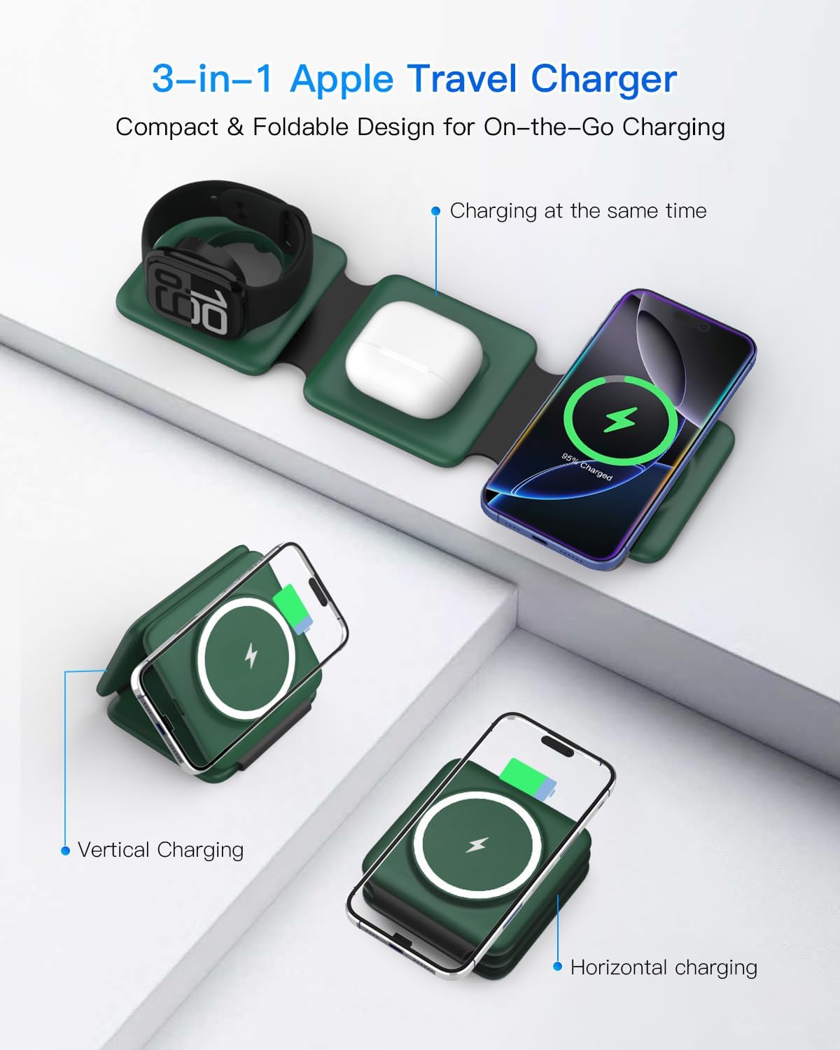 Iseyyox 3 in 1 Wireless Charger for iPhone - Foldable Charging Station Travel Charging Dock Compatible with iPhone 17 16 15 14 13 12 Pro Max Plus Watch & Airpods