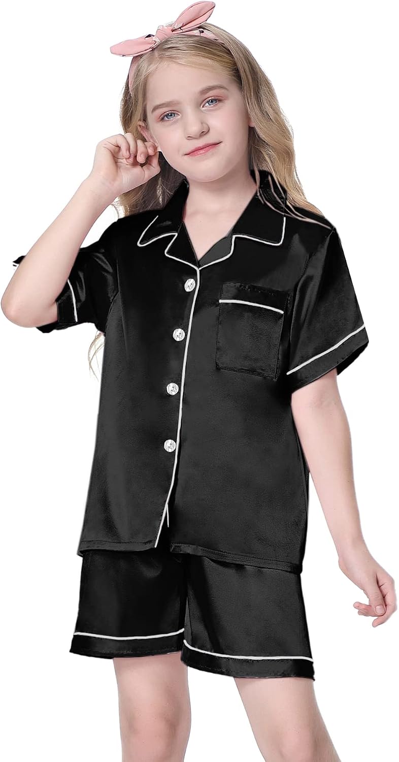 Schbbbta Girls Womens Pajamas, Satin Silky Pjs Set Kids 2Pcs Button-Down Nightwear Sleepwear Gift for Mommy and me