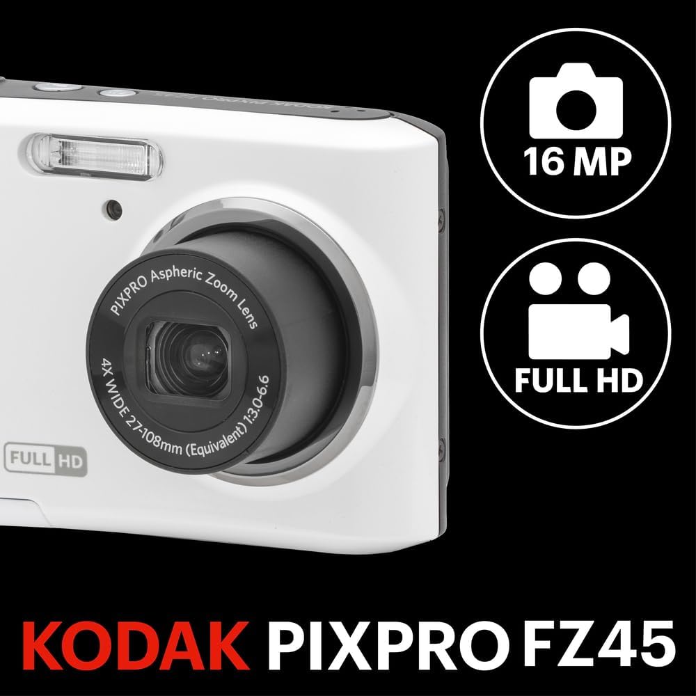 KODAK PIXPRO FZ45 16MP Compact Digital Camera, 4X Optical Zoom, AA, White