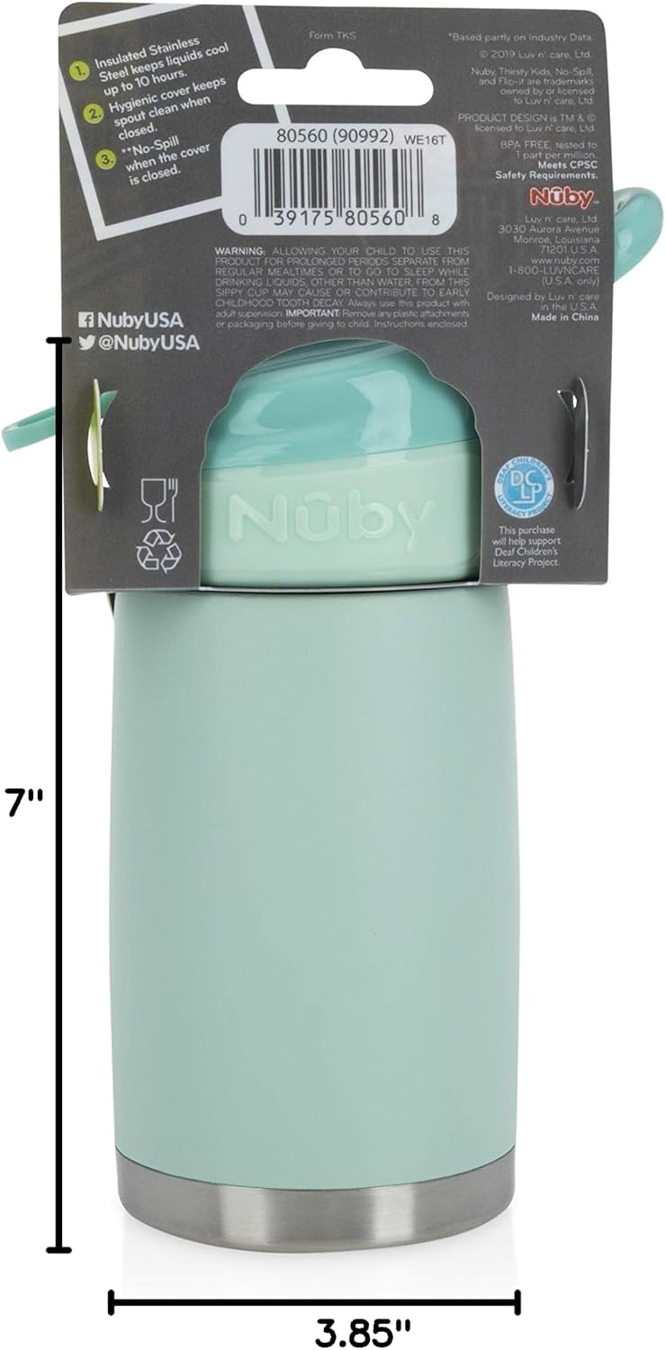 Nuby Thirsty Kids No Spill Flip-It Reflex Stainless Steel Travel Cup or Water Bottle - 10 Oz - 18+ Months - Aqua Mint - Back to School Essentials
