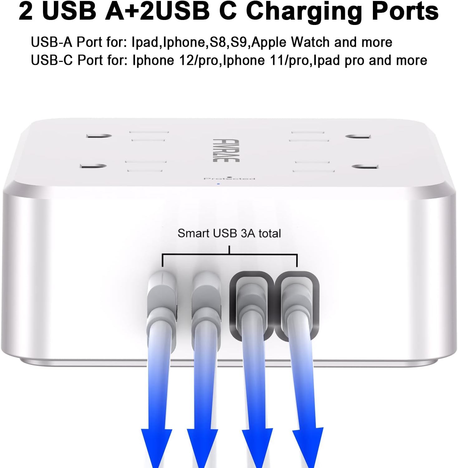 10Ft Extension Cord with Multiple Outlets, 8 Outlets and 4 USB Ports
