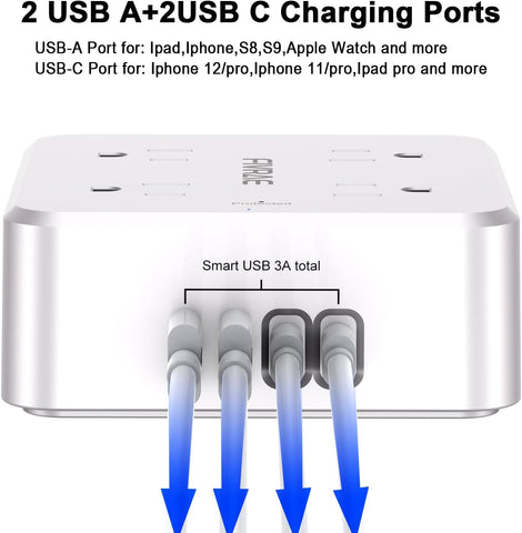 10Ft Extension Cord with Multiple Outlets, 8 Outlets and 4 USB Ports