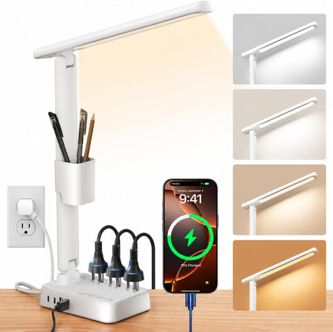 LED Desk Lamp with Power Strip, 3 AC Outlets, 4 USB Ports, Stepless Dimming