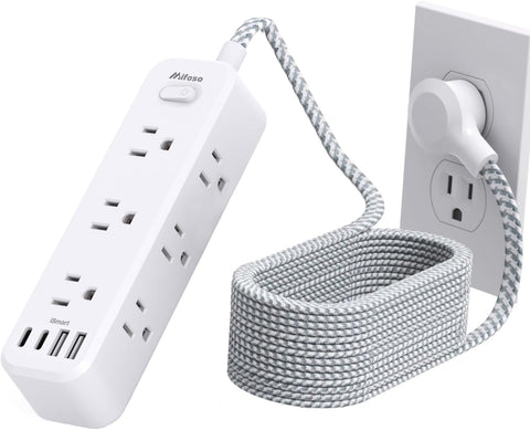 10FT Power Strip, 13-in-1 Long Extension Cord with Multiple Outlets with 9 Wide Spaced Outlets and 4 USB Ports, Flat Plug Wall Mount Charging Station for College Dorm Room Essentials, Office, White