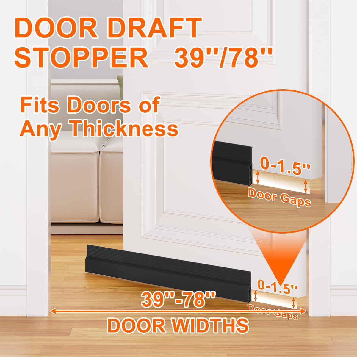 Door Draft Stopper, Adjustable Weather Stripping Seal for Cold Insulation, Bottom/Under Sweep for Exterior & Interior Doors, Seal Blocker Noise, Black, 39 inches