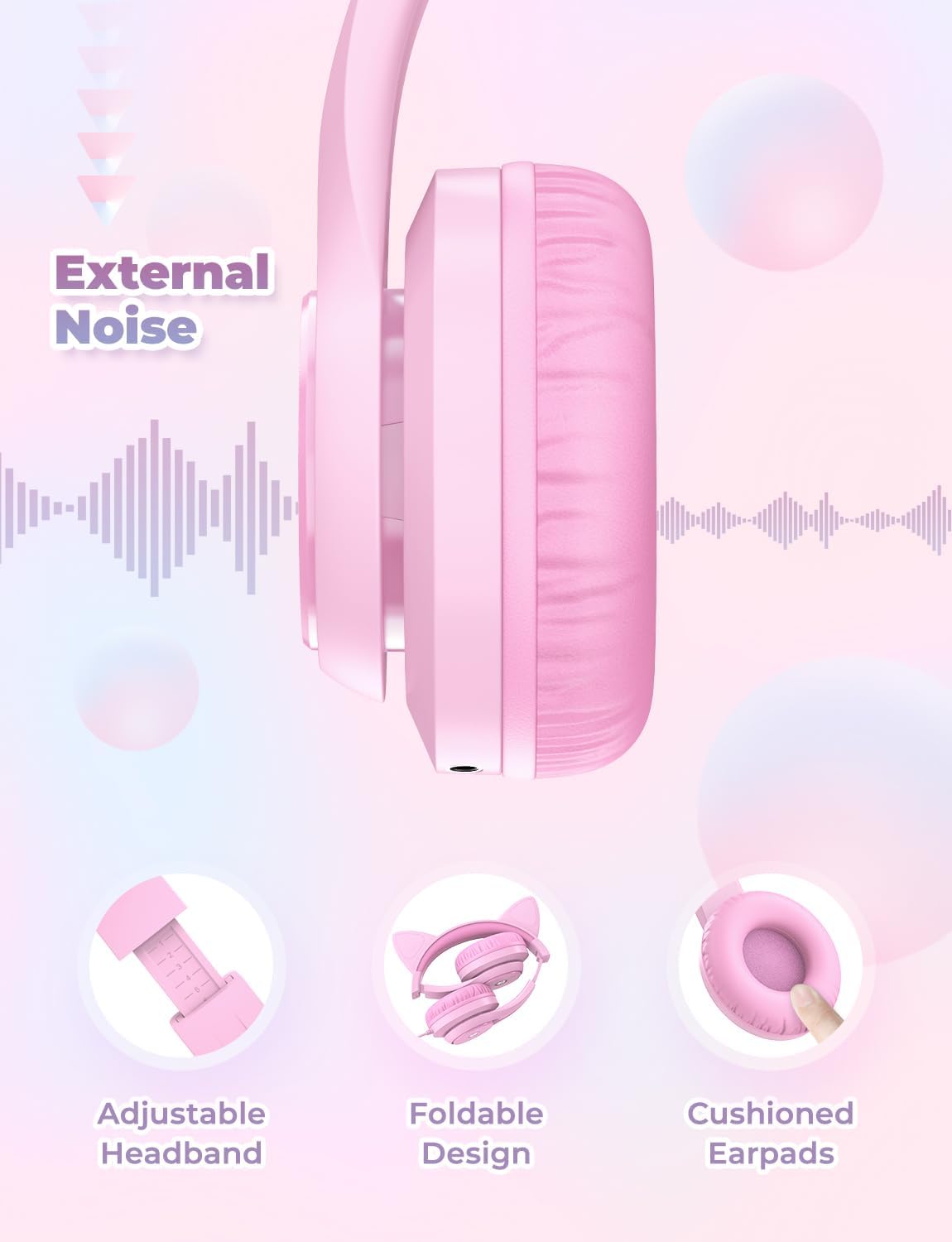 iClever HS20 Kids Headphones for Toddler Girls, Cat Ear LED Light Up School