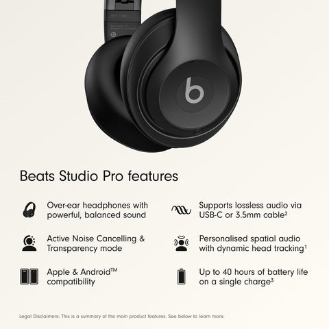 Beats Studio Pro Premium Wireless Over-Ear Headphones- Up to 40-Hour Battery Life, Active Noise Cancelling, Great for Travel & Commuting, USB-C Lossless Audio, Apple & Android Compatible -Black
